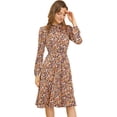 thumbnail image 1 of Vestido con cinturón y estampado floral vintage Allegra K de manga larga con cuello anudado para mujer Amarillo S, 1 of 7