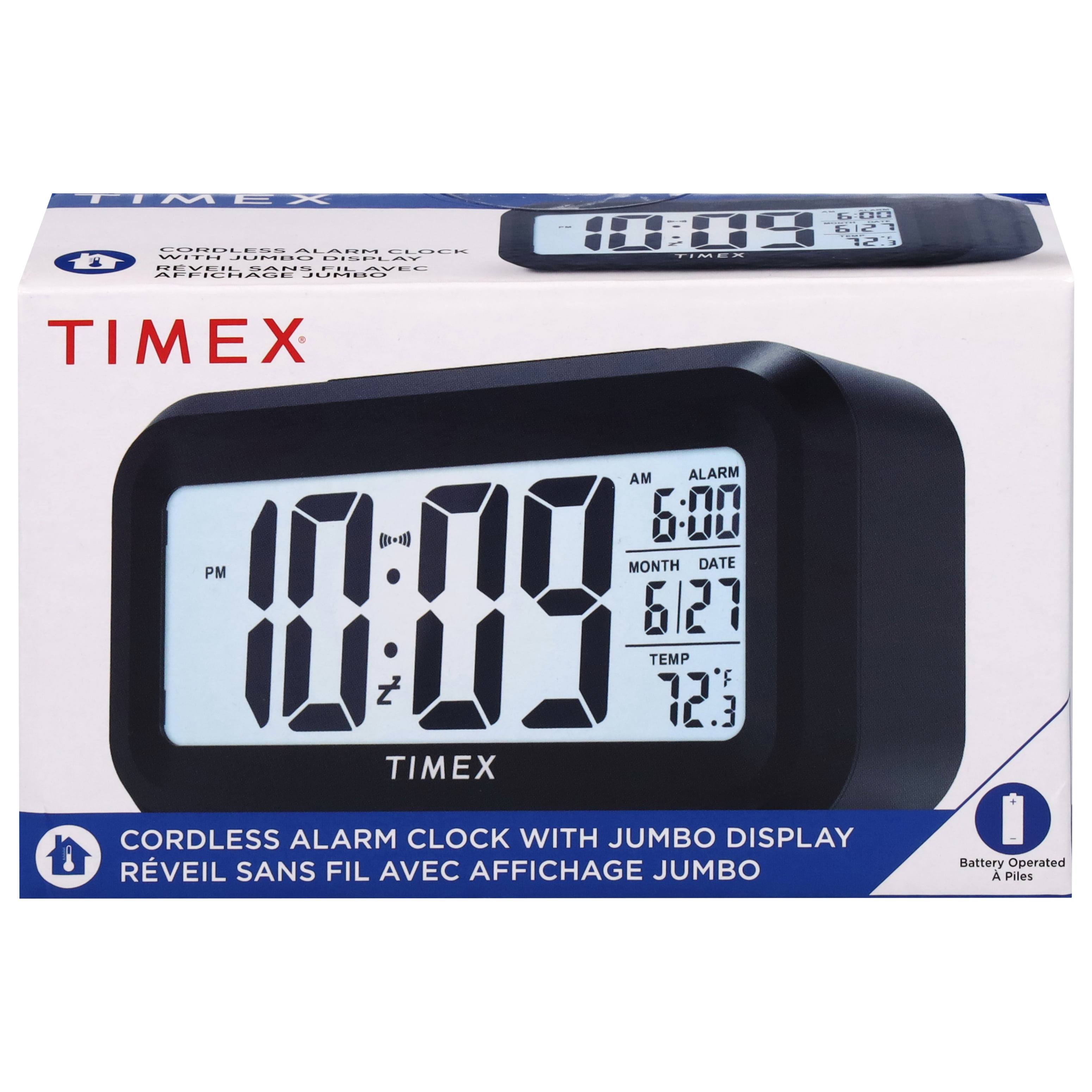 Timex Cordless Alarm Clock with Jumbo 1.5 inch LCD, Date