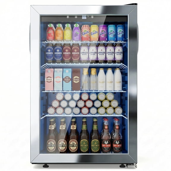 Snowyermine 150 Can Beverage Refrigerator and Cooler with Glass Door for Home, 20.67 in W, 31.4 in H, Silver