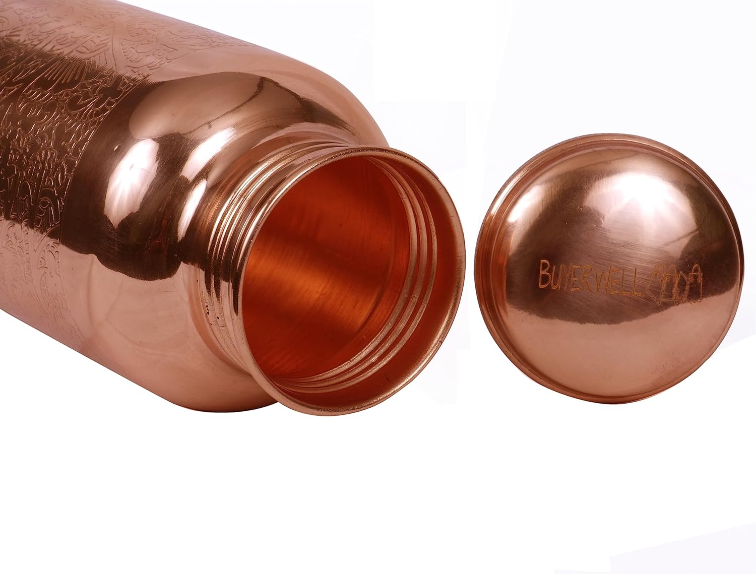 Buyerwell Pure Copper Embossed Water Bottle 17 Oz with Lid Ayurvedic Water Bottle Copper Water Vessel Small Leak Proof Seamless Finish