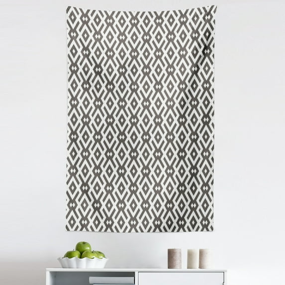 Modern Tapestry, Geometric Design with Borders Stripes Lines Art, Fabric Wall Hanging Decor for Bedroom Living Room Dorm, 5 Sizes, Dark Taupe and White, by Ambesonne
