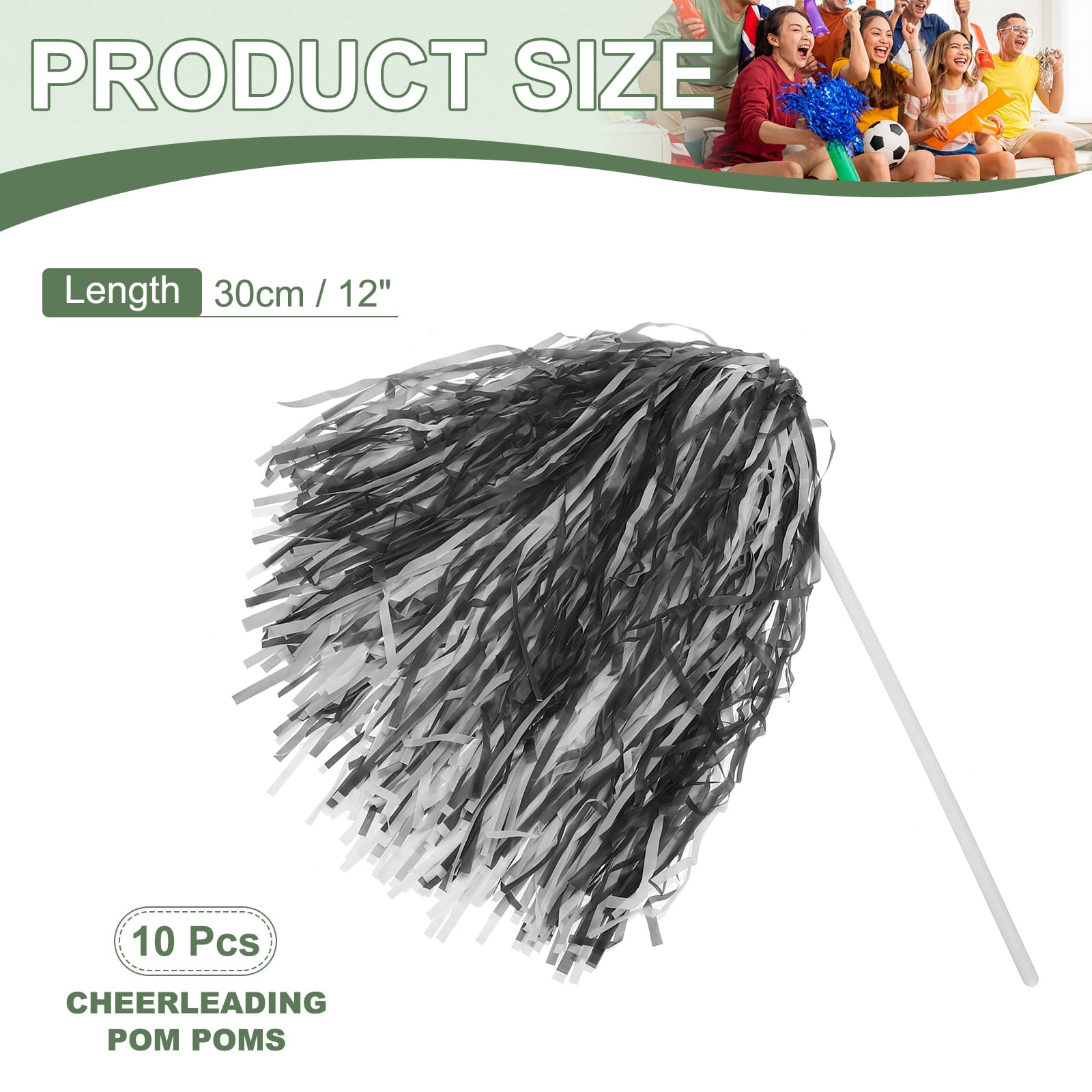 Uxcell Cheerleader Pom Poms Spirit Shakers Cheer Pompoms, Long Handle for Team Sports Dance Party Performance Cheering Black White