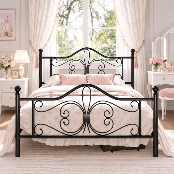 Amolife Queen Size Metal Platform Bed Frame with Vintage Butterfly Pattern Headboard & Footboard, Black