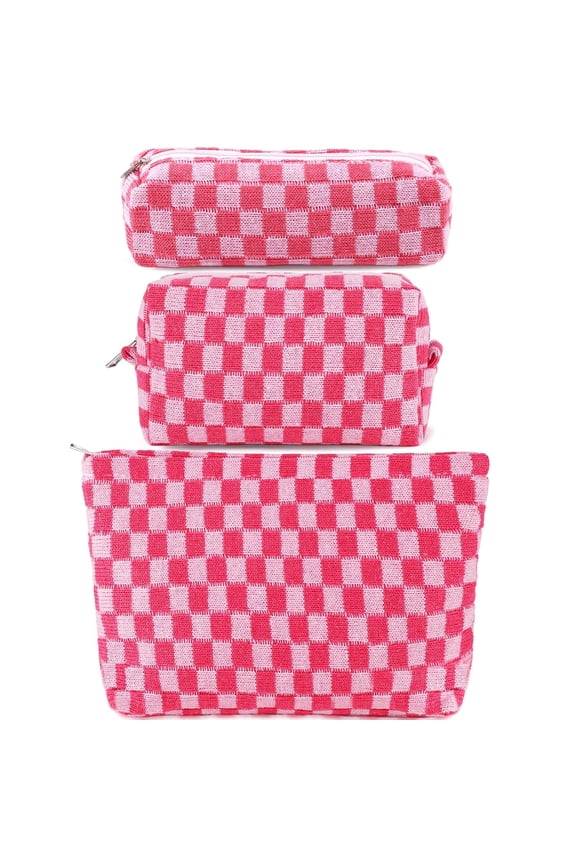3Pcs Makeup Bag Checkered Cosmetic Bag Set Travel Toiletry Bags for Purse Large Small Makeup Pouch for Women Cute Preppy Pencil Pouch Case Pink Zipper Skincare Bags