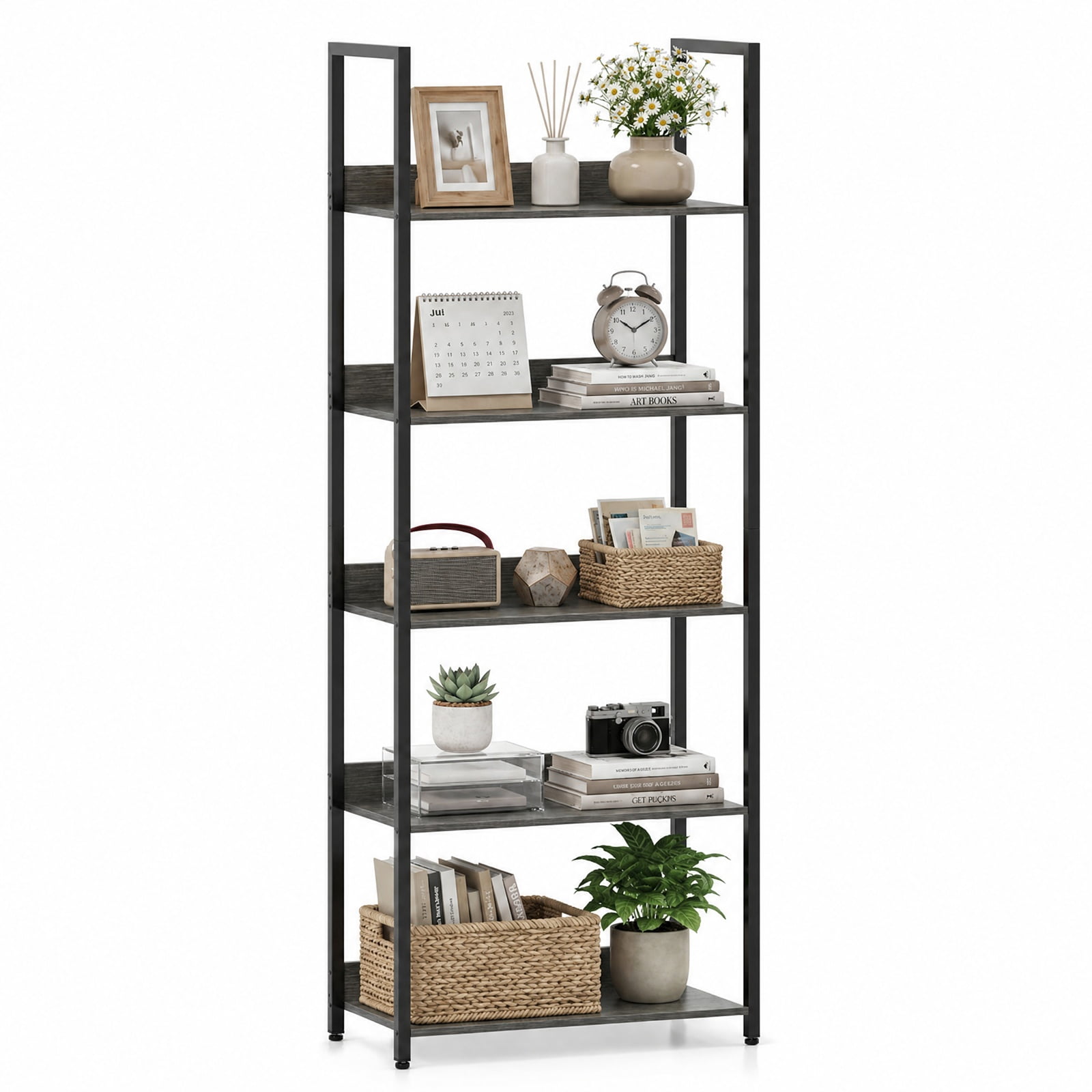 Furnibear 5-Tier Bookshelf Tall Wooden Open Bookcase with Back Panels for Living Room Home Office Bedroom Display Storage Shelf, Oak