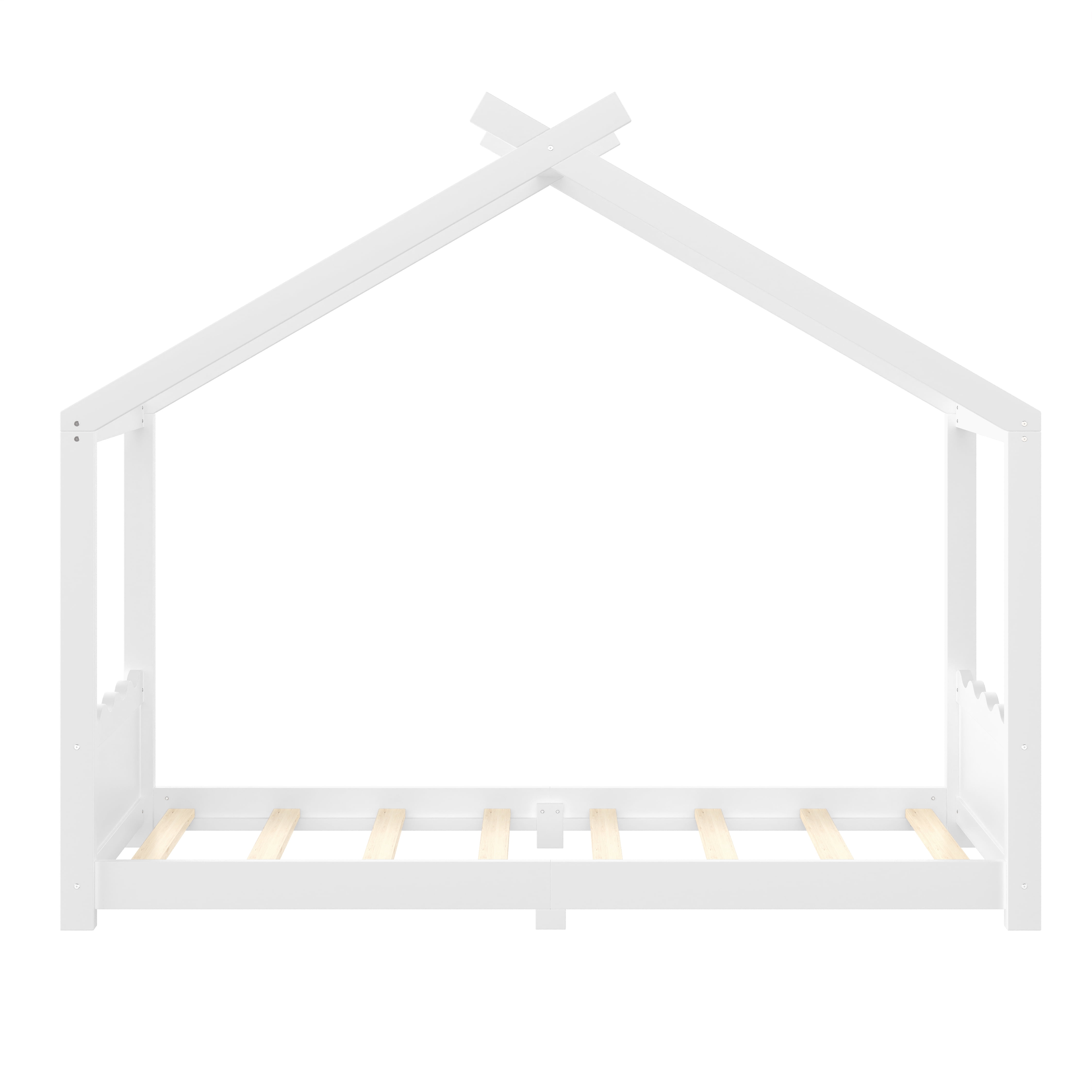Yoneston Twin House Floor Bed with Roof, Solid Wood Platform Bed Frame with Opening Constructure for Kids, No Box Spring Needed, White