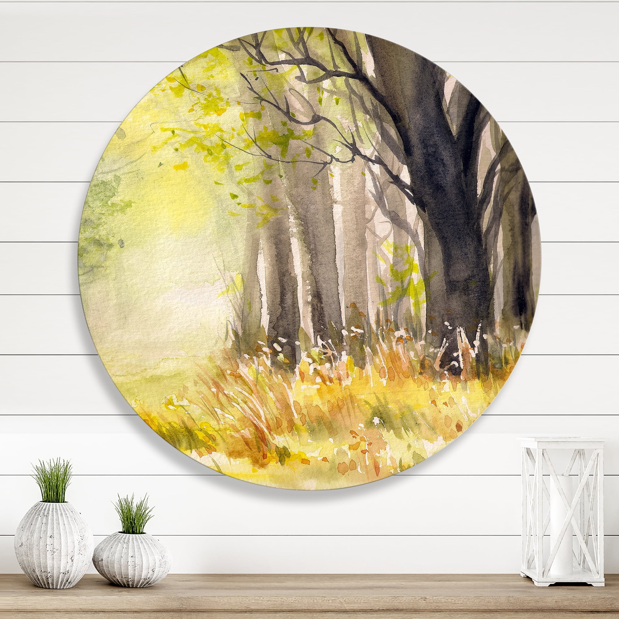 Designart 'Bright Sunshine Through The Yellow Forest Trees II' Traditional Circle Metal Wall Art 11x11 - Disc of 11