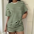 thumbnail image 3 of Morttic Women's Summer Casual Waffle Knit Stripe 2 Piece Set – Crew Neck Short Sleeve Top & High Waist Shorts Lounge Outfit Green，L, 3 of 6