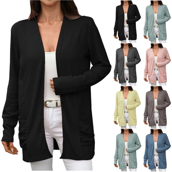 Womens Lightweight Cardigans Long Sleeved Solid Color Loose Fitting Cardigan with Pockets for Daily Commuting Wear