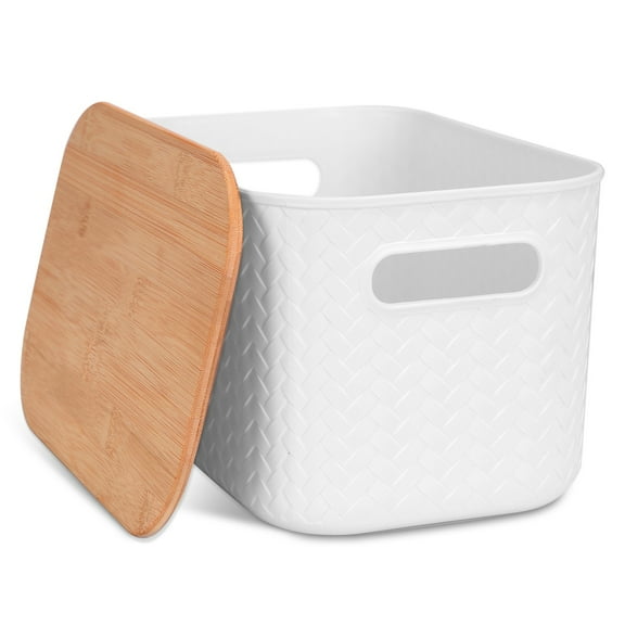 2 PCS Storage Bins with Bamboo Lids TeqHome Plastic Storage Containers for Organizing Stackable Storage Box with Handle 9.84 x 6.69 x 6.1 inch White
