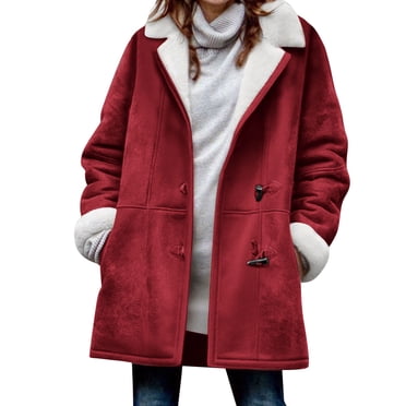 Ovingeta Women Sherpa Jackets Long Coat Buckle Pea Coat Lapel Outwear Flannels Thicken Outfits Suede Loose Tops Outerwear Trendy Jacket