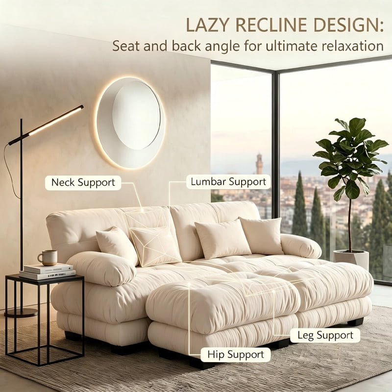 ANPPORT Cloud Couch Sleeper Sofa, Chenille Light Coffee 2-Seater Modular Sofa with 2 Ottomans, 2 Lumbar pillows,2 Pillows, Comfy Deep Seat Cloud Sofa, Convertible L-Shaped Floor Couch for Living Room
