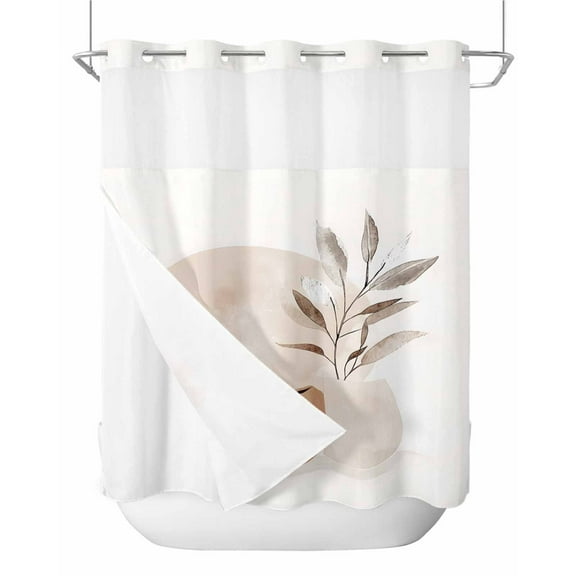 No Hook Shower Curtains with Snap in Liner, Beige Modern Art Waterproof Fabric Shower Curtain, Abstract Art Botanical Double Layers & See-Through Top Window Bathroom Curtains 66''x72''