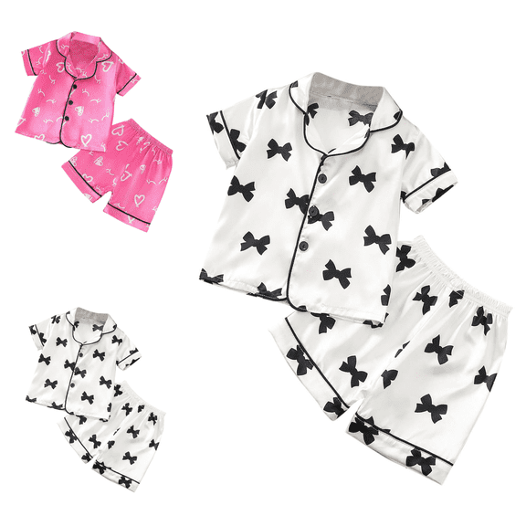 Lovzfmll 2-Piece Girl's V-Neck Silky Sleepwear Set, Short Sleeve Top & Elastic Shorts, Summer Sleepwear Outfits for Toddler 2-3 Years