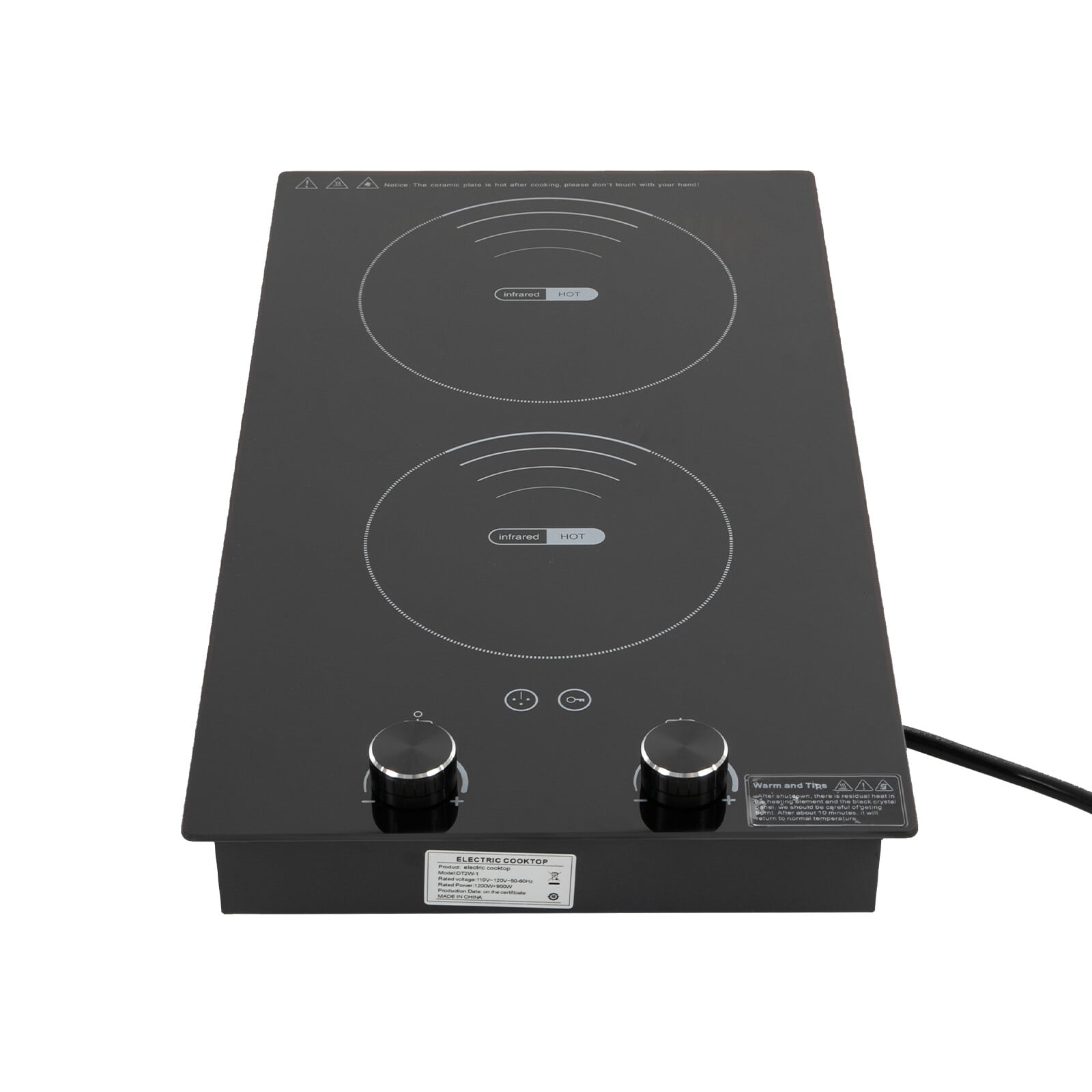 2 Burner Electric Cooktop 110V 3000W Plug-in Electric Ceramic Stove Top, LED Display Countertop Radiant Cooktop with 10 Power Levels, Touch & Knob Control, Safety Lock, Automatic Shutdown