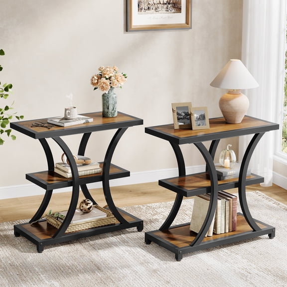 Finmind End Table with Storage, 3-Tier Side Table with Geometric Metal Design, Industrial Nightstand for Small Spaces, Living Room, Bedroom, Study Room, Rustic Brown 2PCS