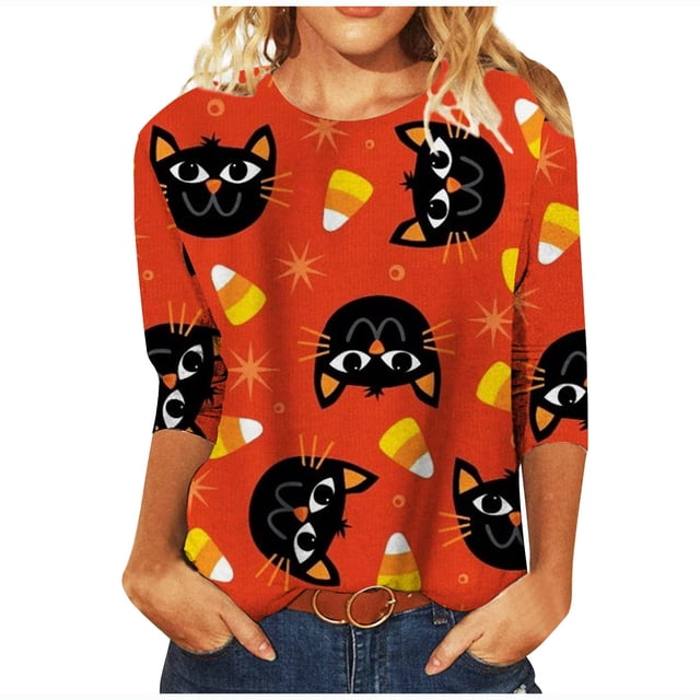 Costumes d'Halloween pour Femmes 2023 Impression d'Halloween Pull Col Rond Manches 3/4 T-Shirt Hauts Habillés Décontractés Grande Taille Hauts pour Femmes en Solde