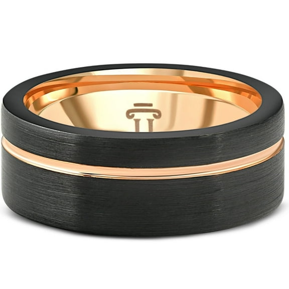 Pompeii3 Men's Brushed Black Tungsten Rose Gold Plated Two Tone 8mm Ring Wedding Band