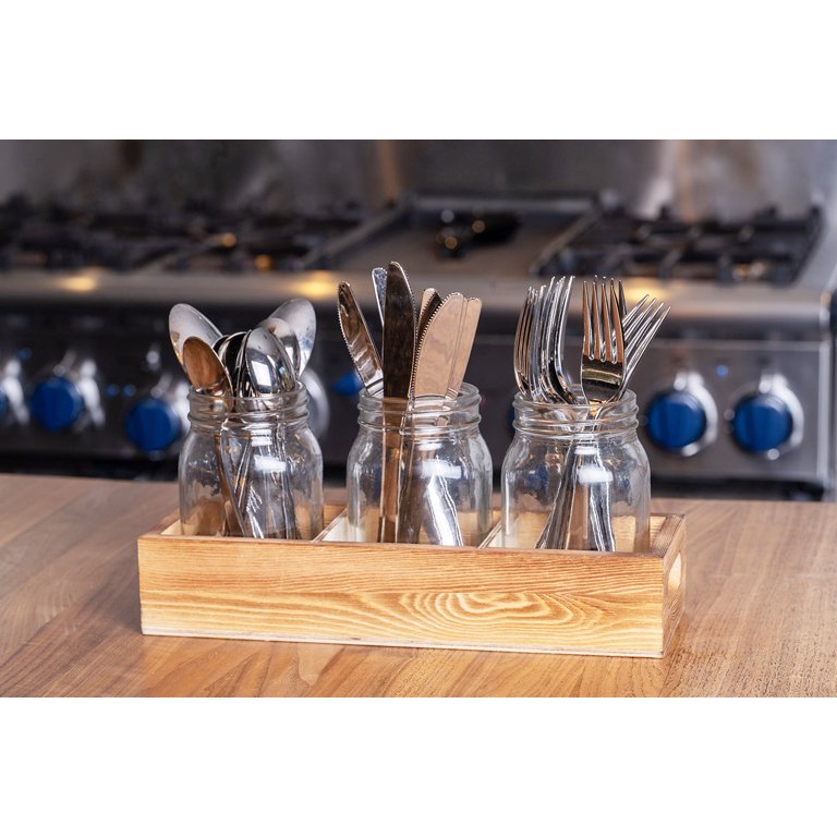 CB Accessories Rustic Wood Utensil Holder - Triple Compartment, Farmhouse Kitchen Organizer, 6.5x13.5x4.5 Inches