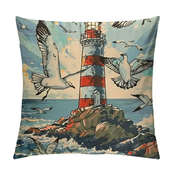 Pratyus Lighthouse Seagulls Sky Modern Farmhouse Rustic Decorative Couch Pillow Cases with Zipper Home Decor Pillow Covers Short Plush 1PC 12x12in