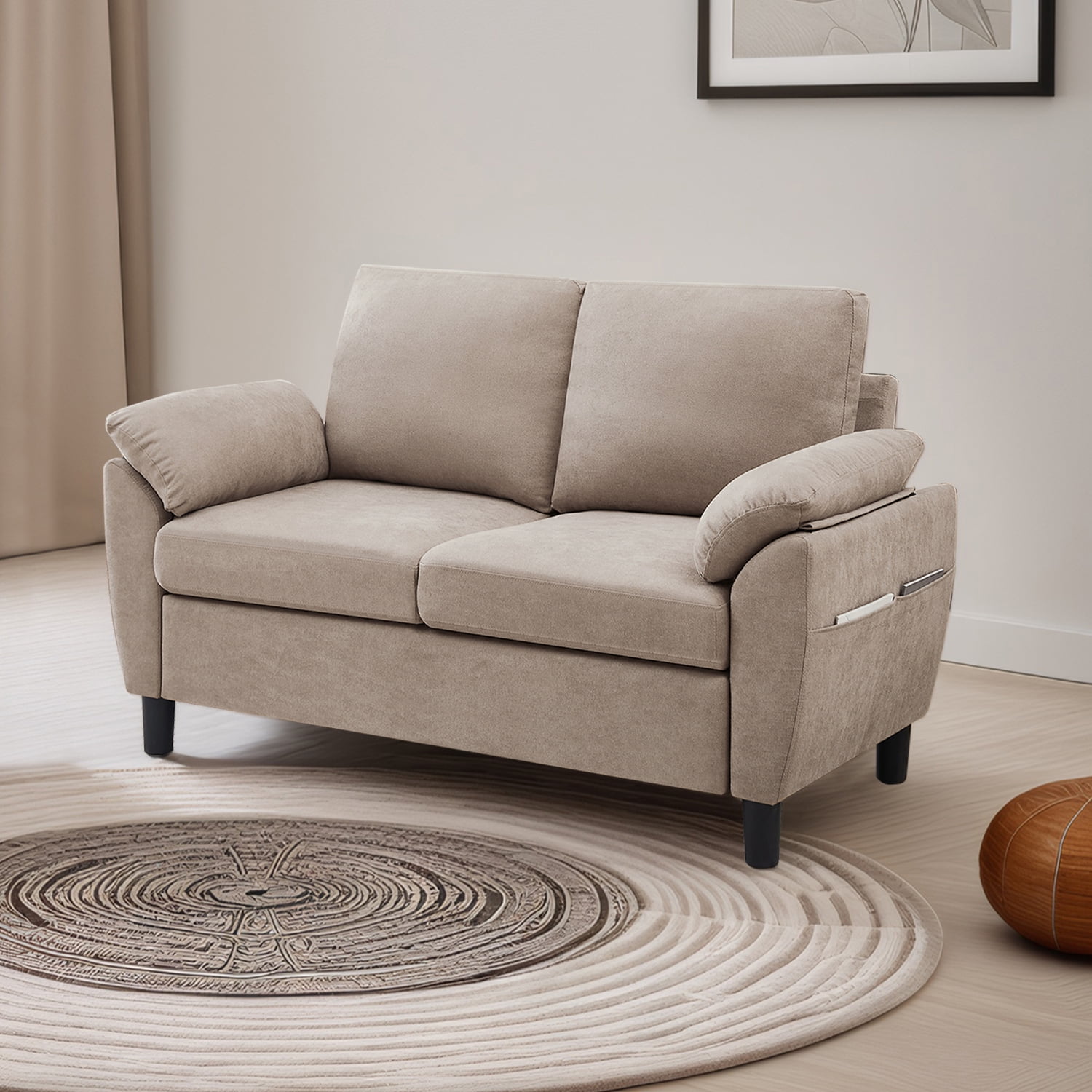 Soscana Loveseat with Storage Side Pockets, 2 Seat Sofa Love Seat Small Couch for Living Room Bedroom Apartment Office Studio,Beige