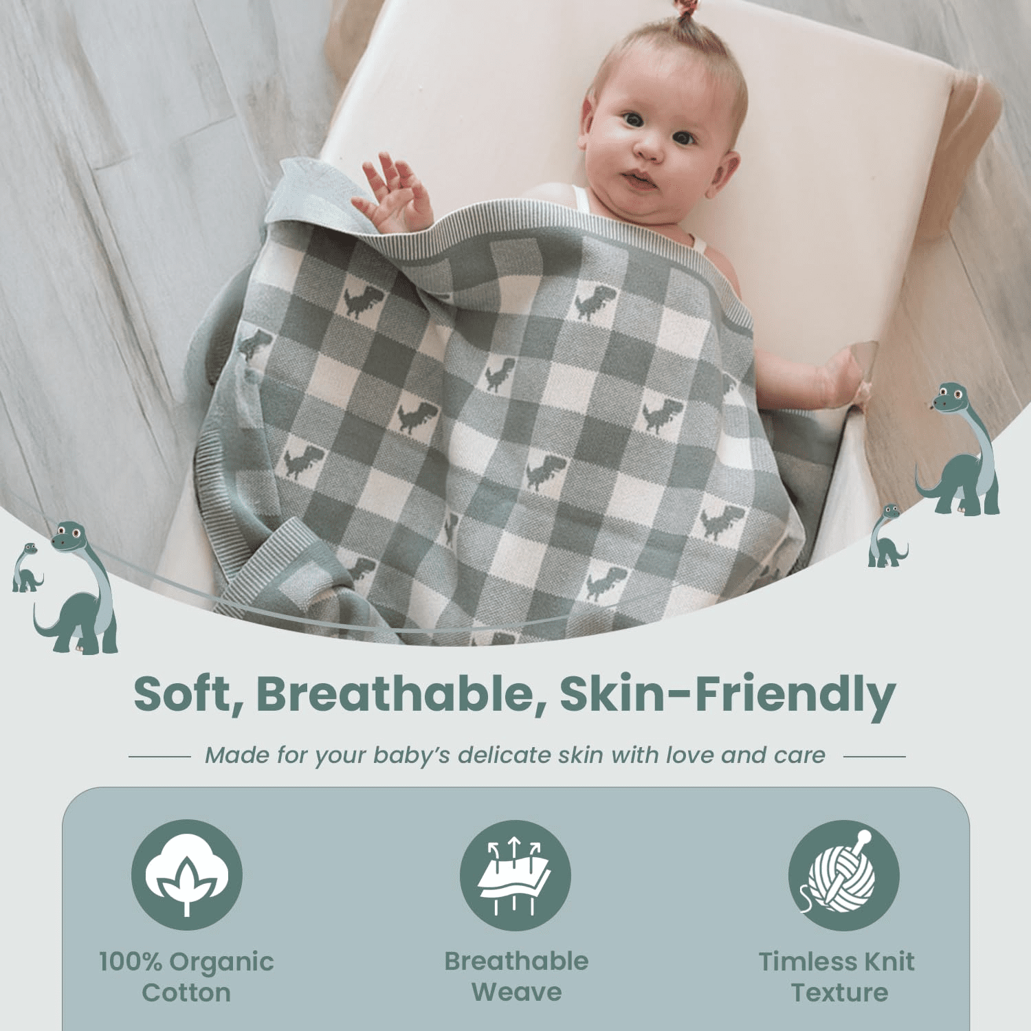 Gender-Neutral Checkered Baby Blanket 30x40 Inches, Green Dinosaur – 100% Organic GOTS Certified Cotton, Soft and Lightweight, Perfect for Swaddling