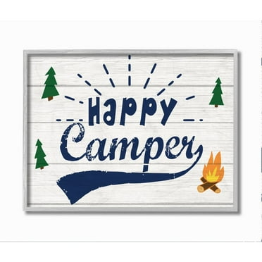 Stupell Industries Bright Rustic Sign Happy Camper Phrase Nature Activities Framed Wall Art Design by Daphne Polselli, 16" x 20", Gray Framed
