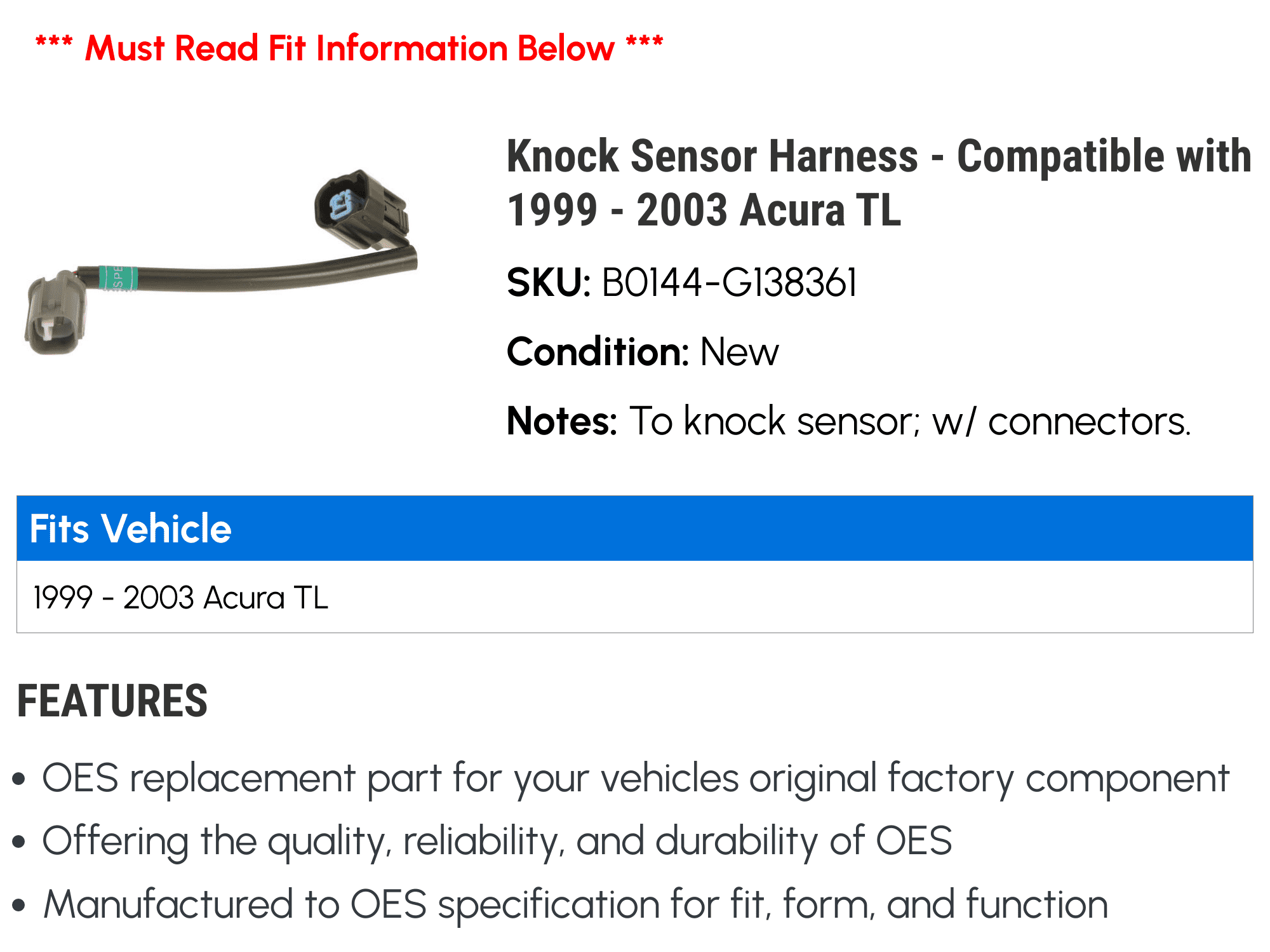Knock Sensor Harness - Compatible with 1999 - 2003 Acura TL 2000 2001 2002