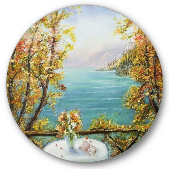 Designart 'The Blue Ocean View From Terrace' Nautical & Coastal Circle Metal Wall Art 36x36 - Disc of 36