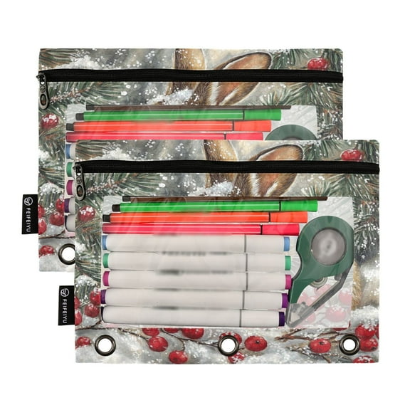 Ckdifva Easter Rabbit Pencil Pouch 3 Ring Zipper Pencil Case Binder Pockets Clear Top Cosmetic Bag 2 Pack