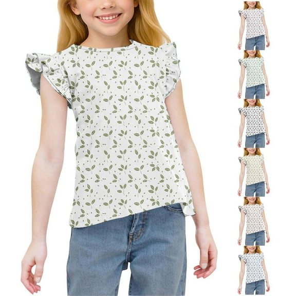 MKOSPLRT Girls' Cute Tops Ruffle Sleeve Floral Shirts Crew Neck Funny T Shirts Lightweight Summer Tees 3-14 Years Old Kid Gifts