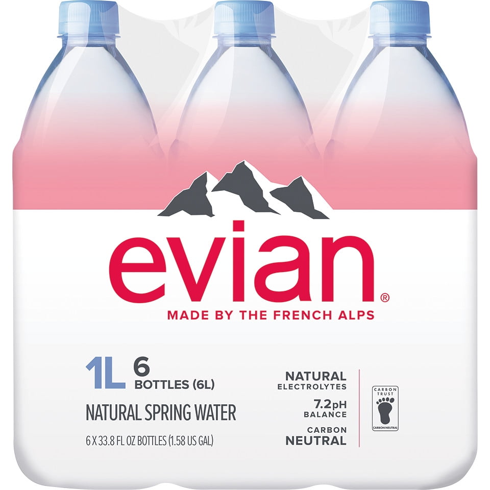 evian Natural Spring Water bottles, 33.8 fl oz, 6 pack