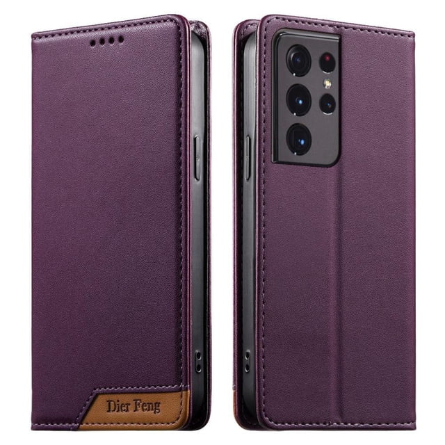 Funda Tipo Cartera de Cuero Sintético para Samsung Galaxy S21 Ultra Bloqueo RFID, con Ranuras para Tarjetas y Bolsillo para Efectivo, Cierre Magnético Fuerte Morado