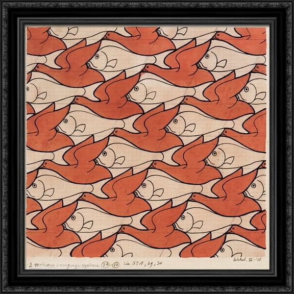 Bird Fish 28x28 Large Black Ornate Wood Framed Canvas Art by M.C. Escher