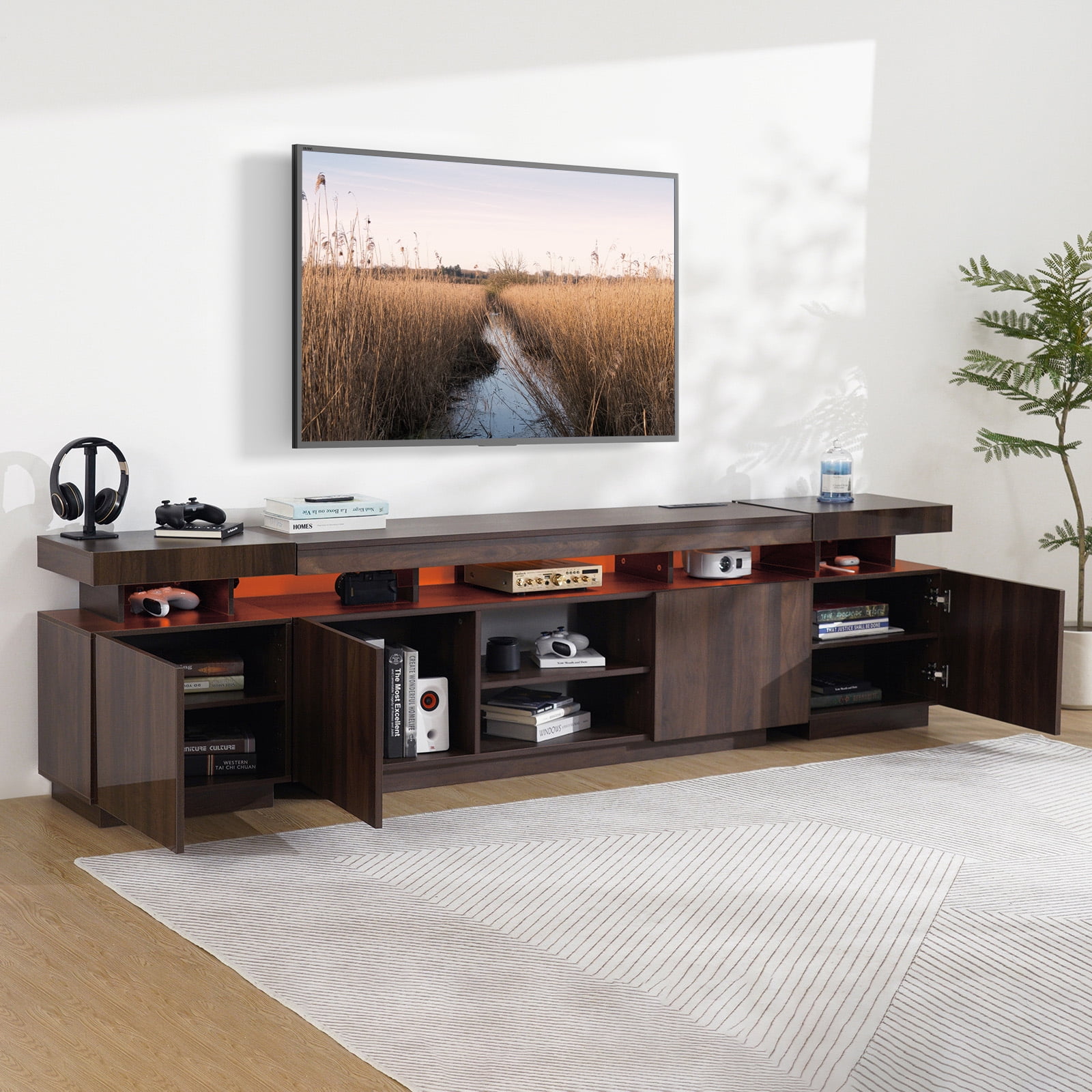 HOMMPA 75 Inch TV Stand With Power Outlets & LED Lights - Walnut Finish Media Console, 2 Cabinets, 5 Shelves