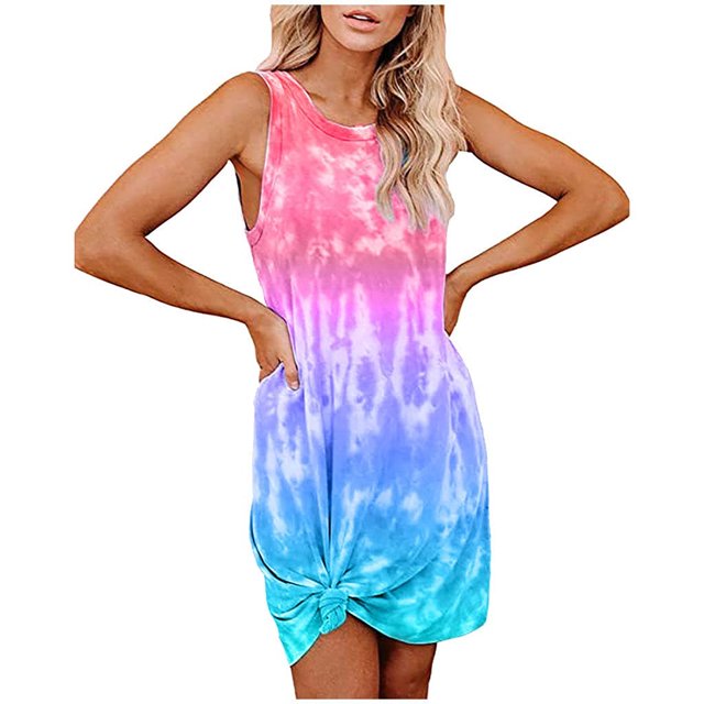 Pompotops Femme Grande Taille O-Cou Cravate-Teinte Sans Manches O-Collier Mini Robe