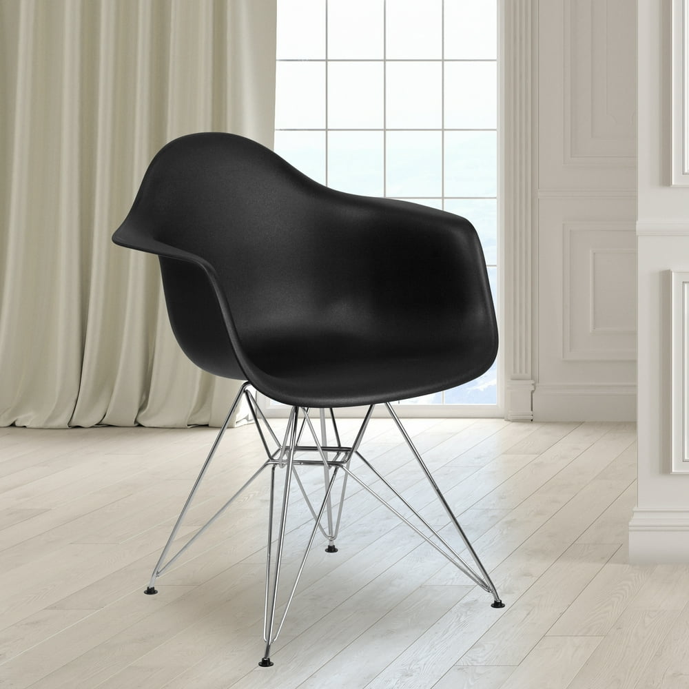 Black Plastic Chair with Arms and Chrome Base