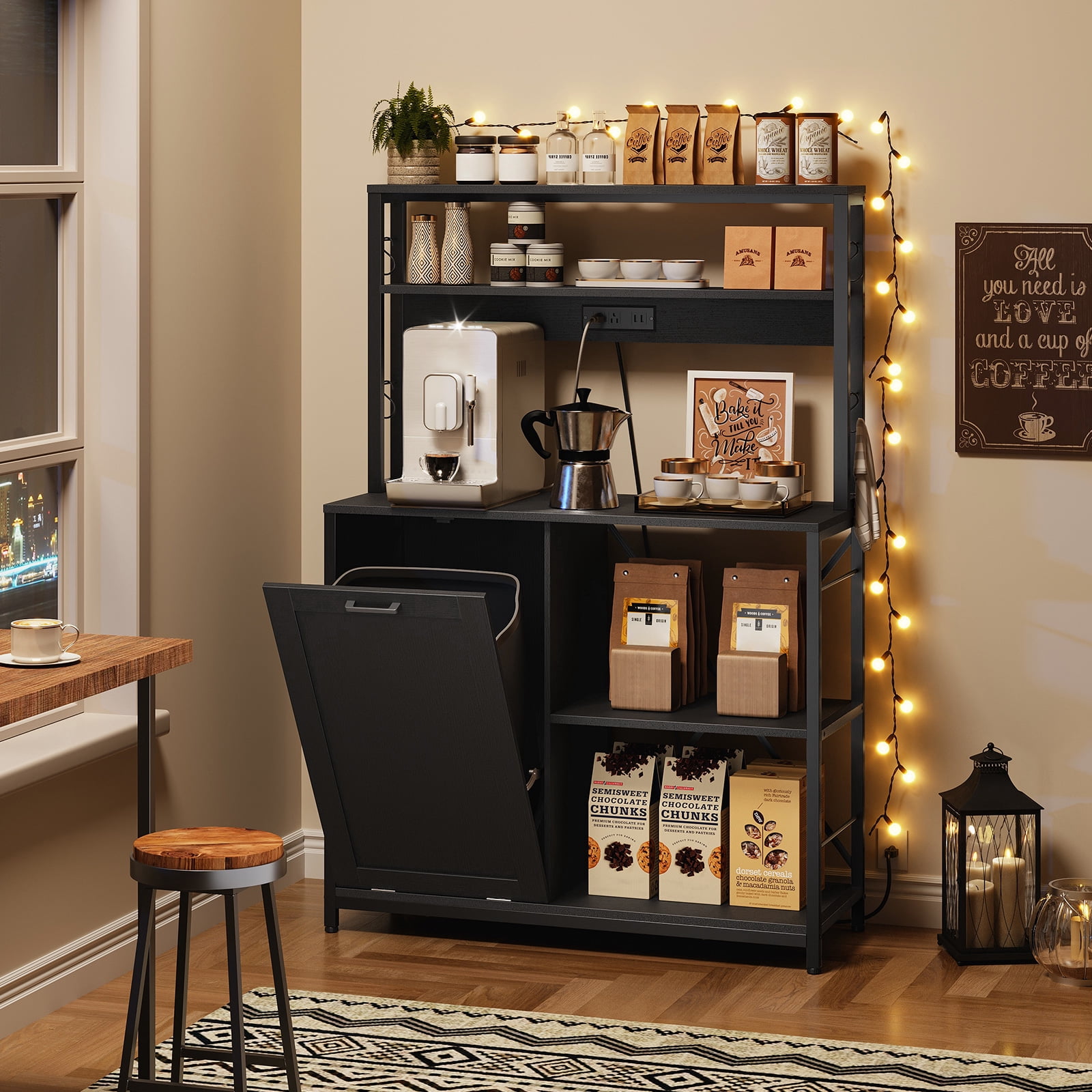 HOOBRO Bakers Rack Microwave Stand with Trash Can Bin Cabinet, 5-Tier Kitchen Storage Shelf Cabinet with Power Outlet, Tall Coffee Bar Table Station for Dining Room, Living Room, Black BB50UHB01