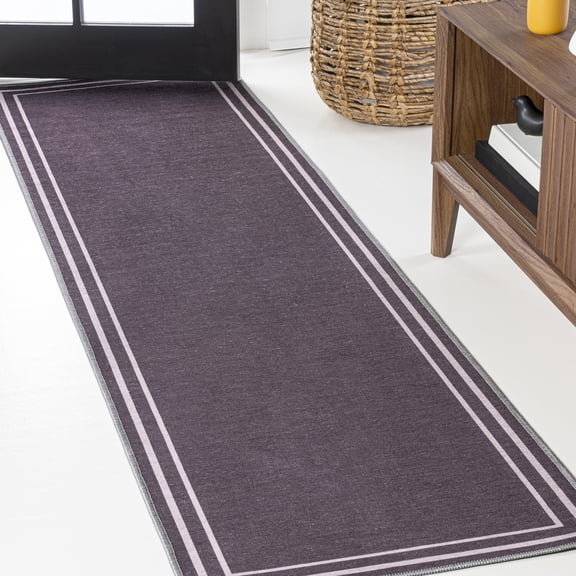JONATHAN Y WASHABLE 2 x 8 Runner Rug, Sloane 2-Stripe Border Washable - Dark Purple/Light Purple, WSH125C-28