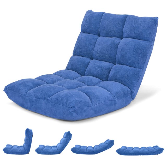 Costway Adjustable 14-Position Floor Chair Folding Lazy Gaming Sofa Chair Cushioned New Blue