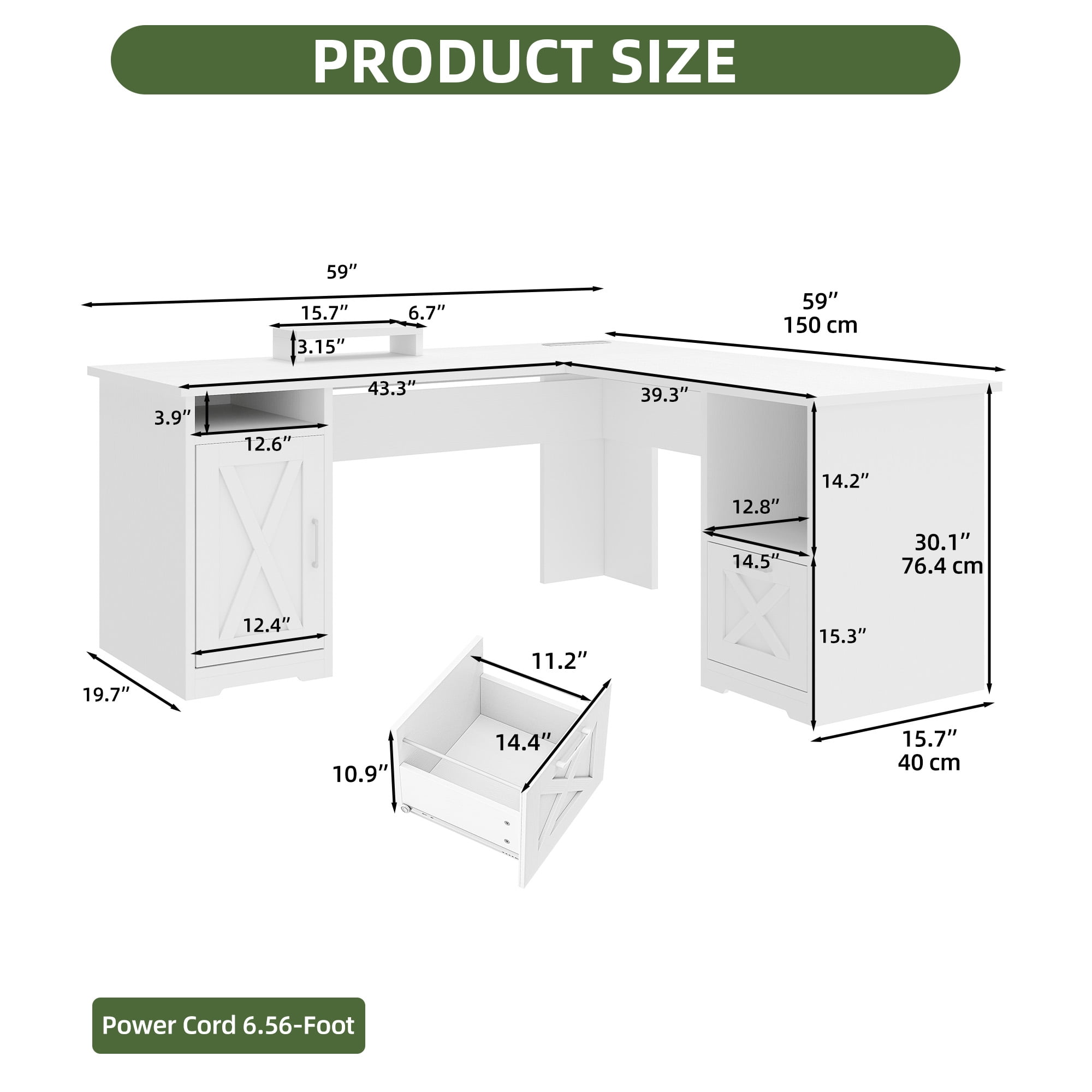 Uforic 59" L Shaped Desk with Power Outlets,Large Computer Desk with Drawers, Home Office Desk,White