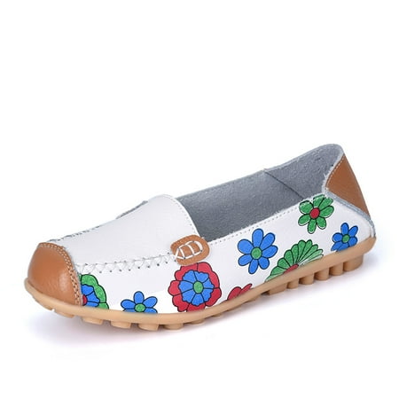 XIDISO Womens Comfortable Leather Floral Print Flats Casual Driving Loafers Walking Shoes