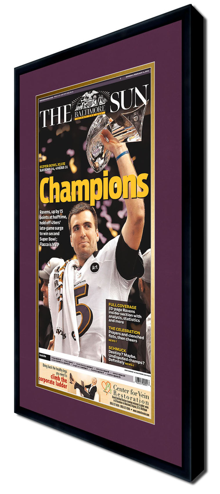 11x22 Newspaper Frame with Purple and Gold Double Mat Made to