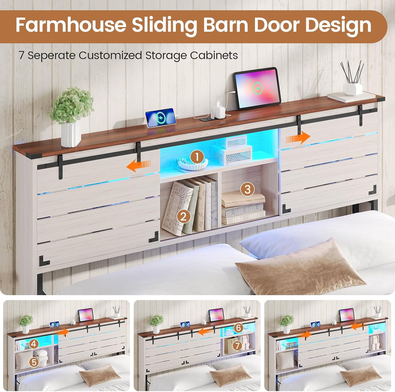 AOGLLATI Wooden Bed Frame King Size with Bookcase Headboard and Sliding Barn Door, Farmhouse King Beds with Charging Station, LED Lights and 4 Storage Drawers, No Box Spring Needed, Gray