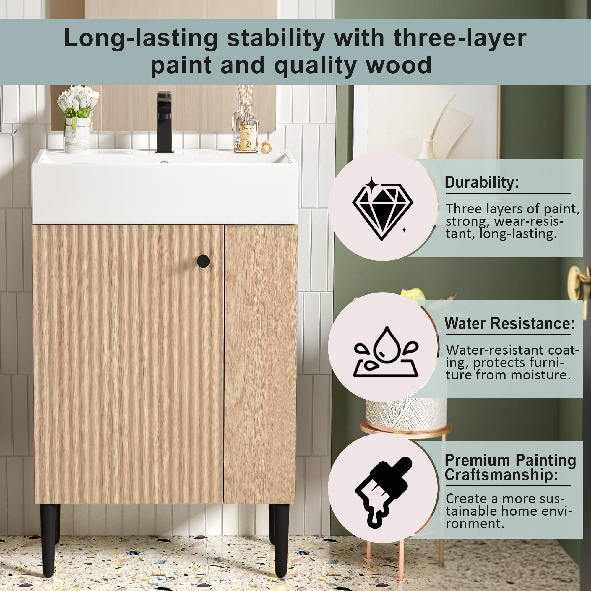 Euroco 21.6" Wood Bathroom vanity, Combo Cabinet, Bathroom Storage Cabinet, Single Ceramic Sink, Right side storage