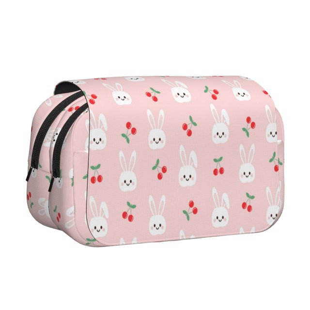 Disketp Rabbit And Cherry Estuche de Lápices de Doble Capa con Tapa Abatible y Cremallera, Organizador Escolar para Adolescentes y Adultos