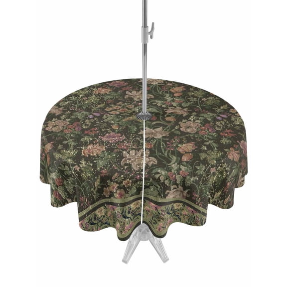 Outdoor Tablecloths with Umbrella Hole & Zipper, Sage Green Floral Round Tablecloths 60 Inch, Ethnic Tribe Abstract Art Flowers Waterproof Table Cloth, Patio/Pool/Picnic Table Covers