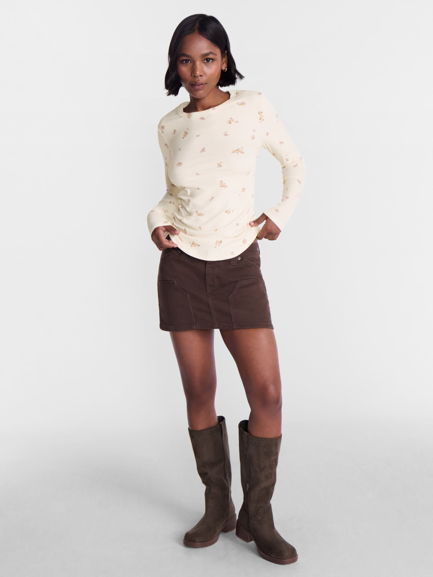 No Boundaries Ribbed Crewneck Tee with Long Sleeves, Women's and Women's Plus XXS-4X