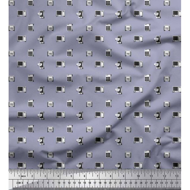 Soimoi Gray polyester Crepe Fabric Phone,Calculator & Monitor Hardware Fabric Prints By Yard 52 Inch Wide