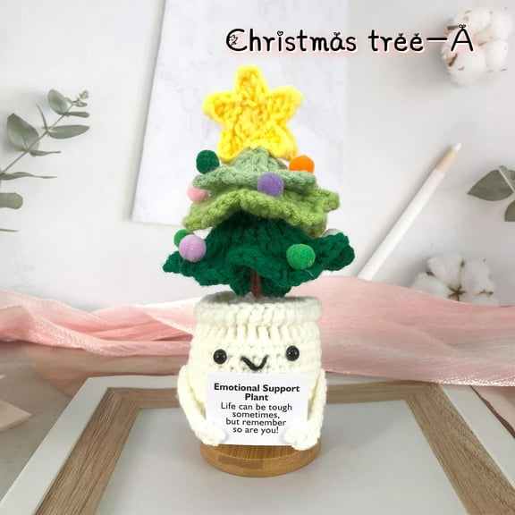 Handmade Emotional Support Christmas Tree, Positive Crochet Doll with Card, Inspirational Small Handmade Knitted, Funny Gifts for Women Men Birthday Friends Coworkers, Office Decor